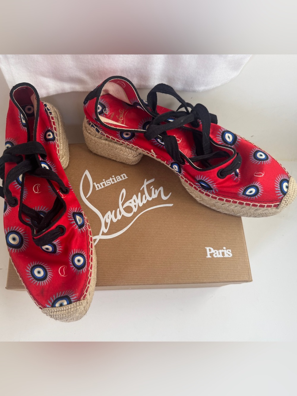 CHRISTIAN LOUBOUTIN Red Evil Eye Espadrille Lace-Up Wedges • Womens Sz 9.5 (US)